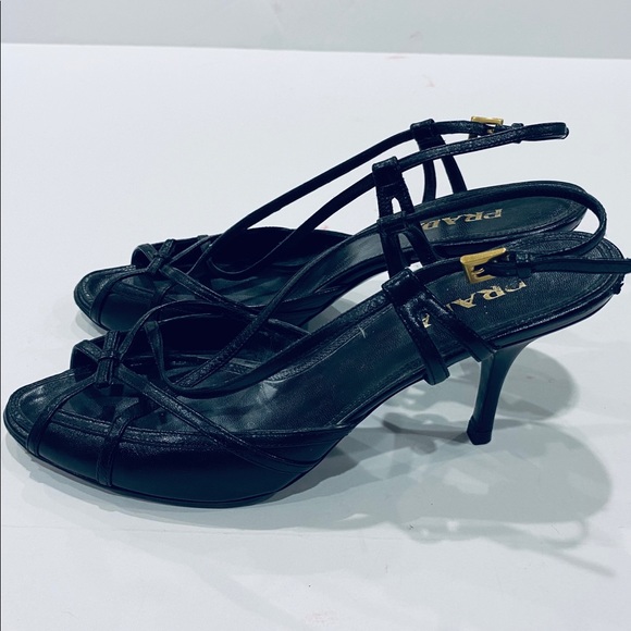PRADA sz 39 Black Leather Strappy Slingback Heels - Picture 3 of 7
